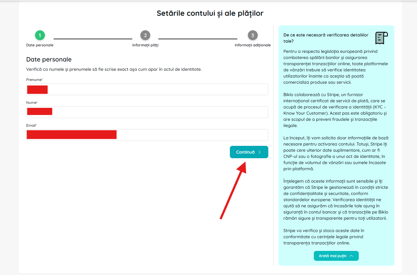 Vyplnenie osobných údajov v procese vytvárania finančného účtu Biklo